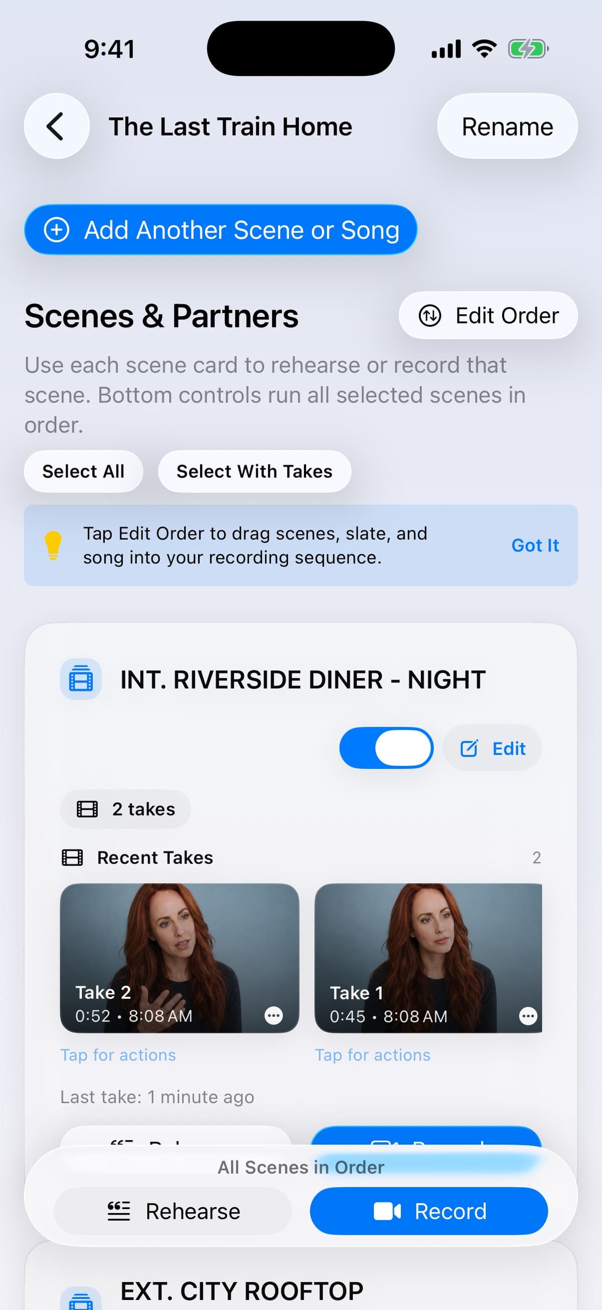 Project dashboard with your recorded takes