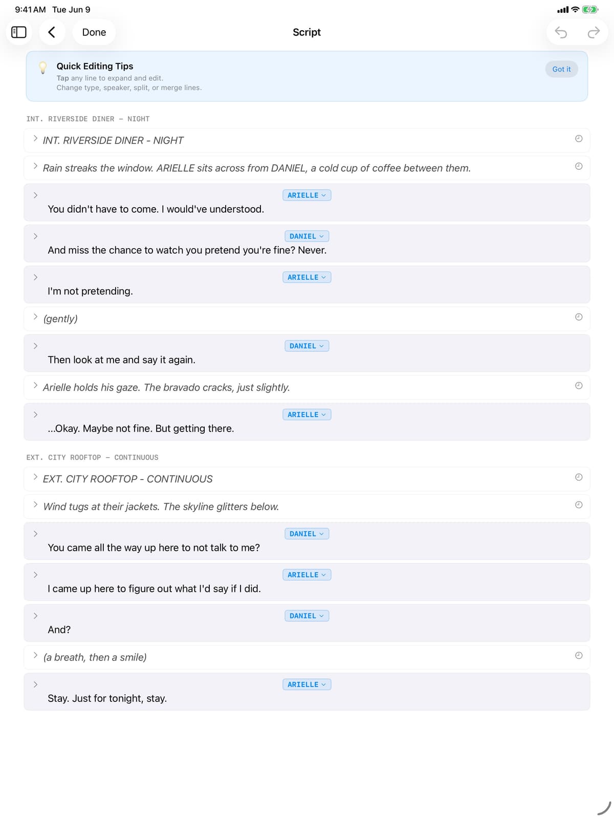 Smart script editor: the parsed side with characters and lines